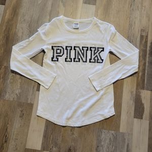 Victoria’s Secret Pink White Long Sleeve Bling Logo tee t-shirt size xxs light